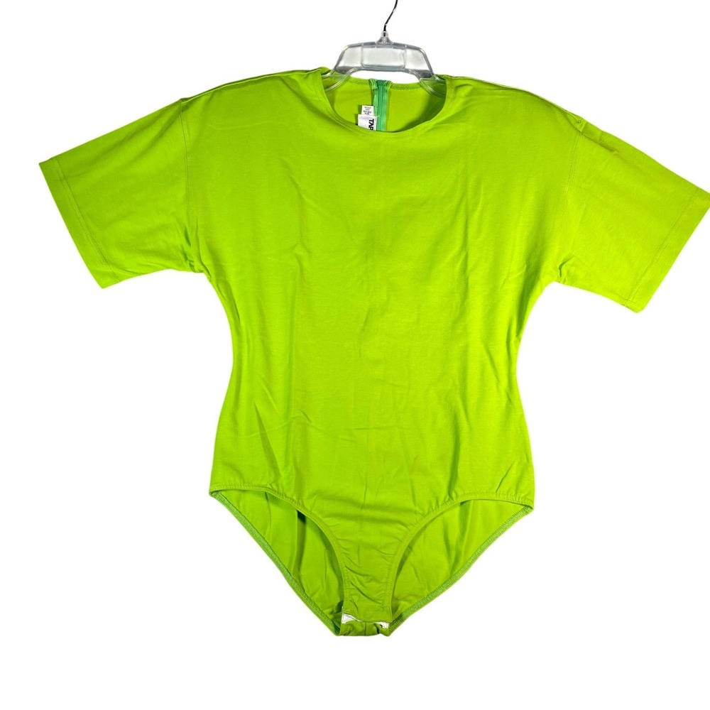 Vintage TAPEMEASURE Bodysuit Women Size M Lime Green Short Sleeve Back Zip